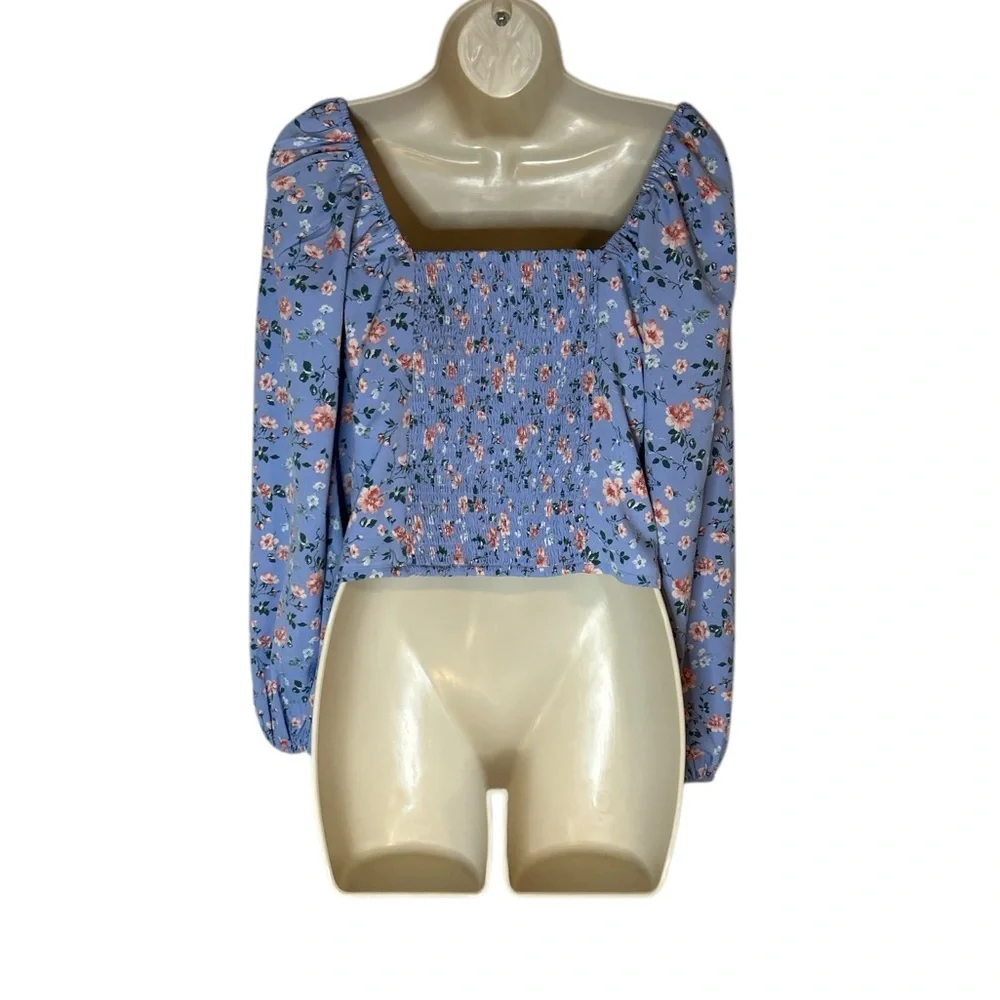 Abercrombie & Fitch Blue Bishop Sleeve Crop Blouse Sz M - Picture 2 of 7